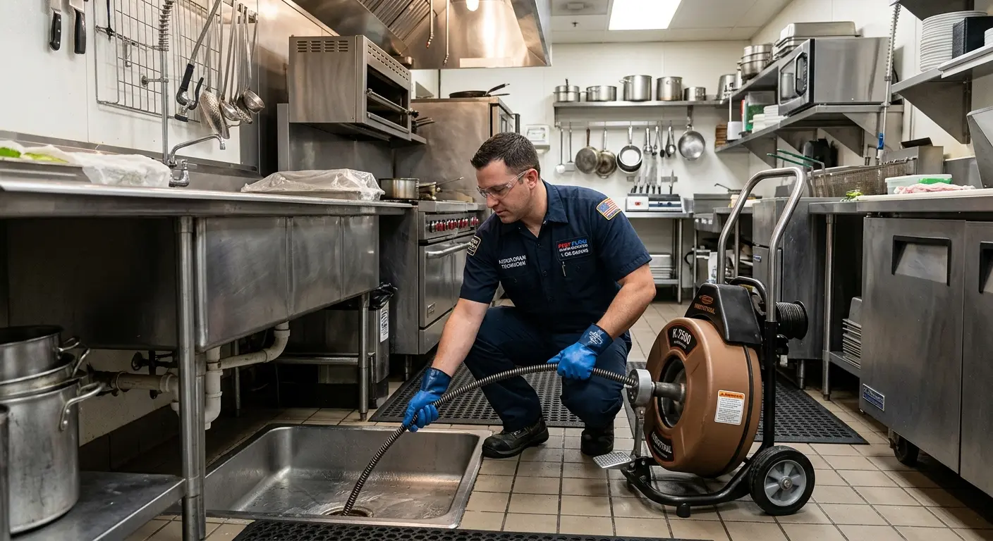 Commercial drain cleaning service in a restaurant kitchen in Forestbrook