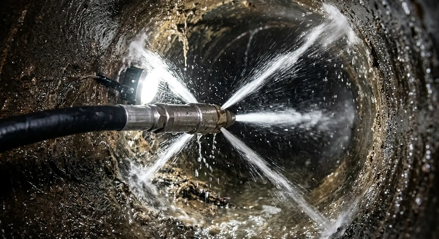 High-pressure hydro jetting nozzle cleaning sewer pipe for Emergency Drain Service in Forestbrook