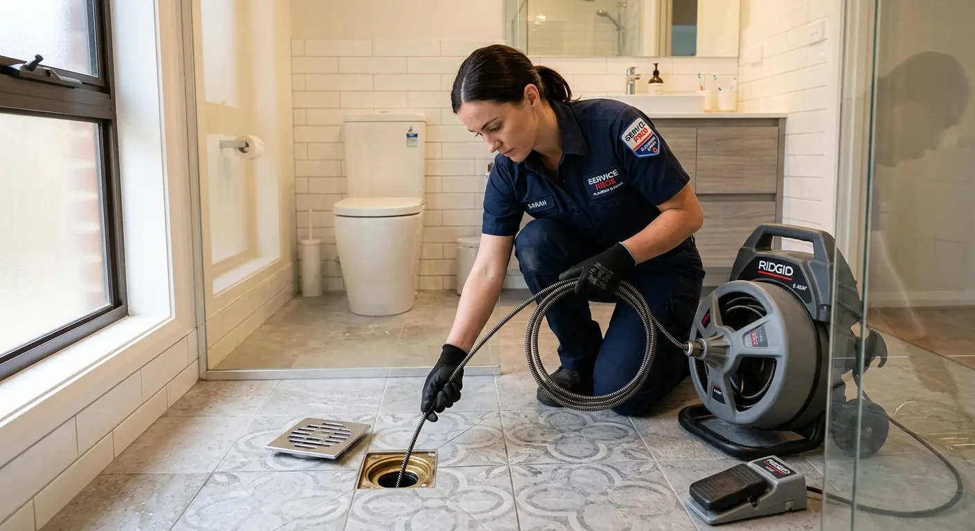 Technician clearing a bathroom floor drain for Drain Repair in Forestbrook